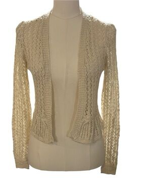 LC Lauren Conrad Open Knit Cardigan XS Cream Ivory Crochet Boho Layer